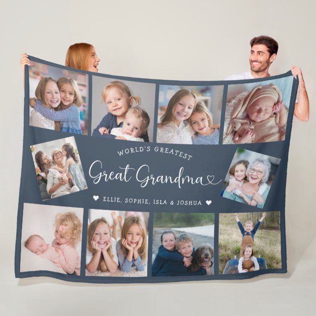 Modern Great Grandma 10 Photo Collage Cute Heart Fleece Blanket (In Situ)