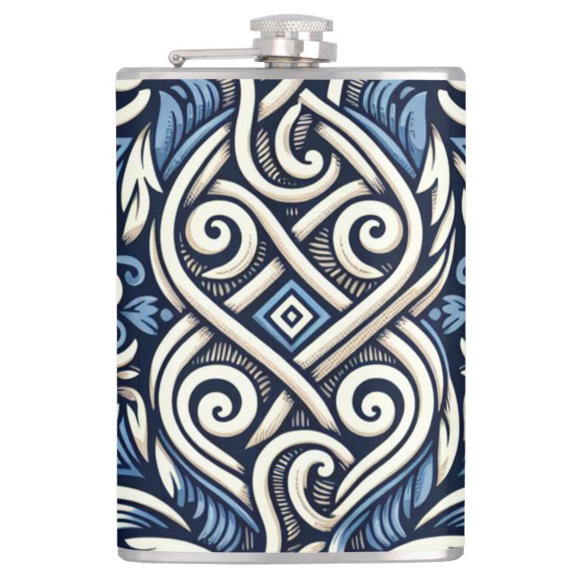 Modern Greek blue and white pattern Hip Flask (Front)