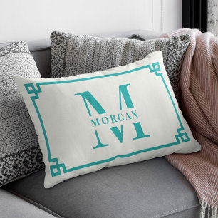 Modern Greek Key Frame Monogram Elegant Mint Lumbar Pillow