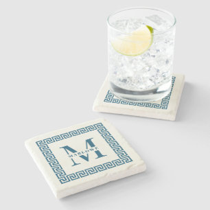 Modern Greek Key Frame Monogram Elegant Navy Stone Coaster