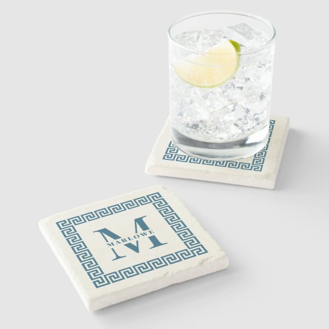 Modern Greek Key Frame Monogram Elegant Navy Stone Coaster (Side)