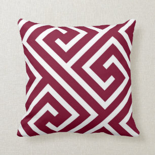 Modern Greek Key Pattern in Cranberry and White Throw Pillow
