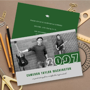 Modern Green 2 Photo Block Simple Graduation Party Invitation