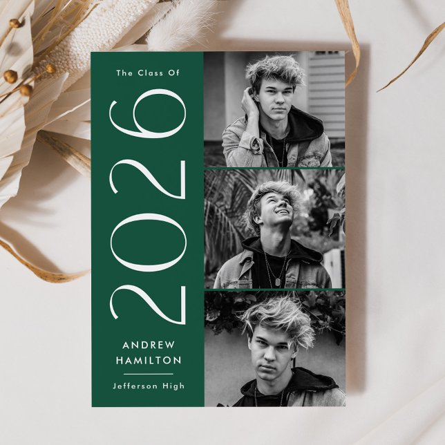 Modern Green 3 Photo Collage Graduation Announcement (Creator Uploaded)