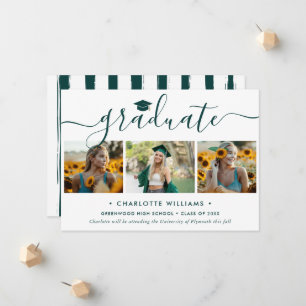 Modern Green 3 Photo Collage Script Graduation Announcement