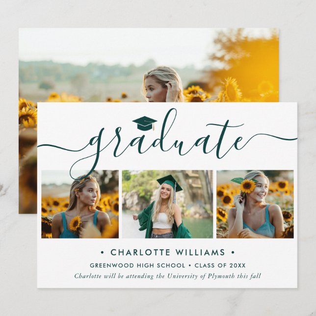 Modern Green 4 Photo Collage Script Graduation Announcement (Front/Back)