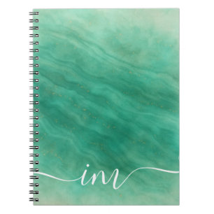 Modern Green Abstract Marble with Initials -  Notebook