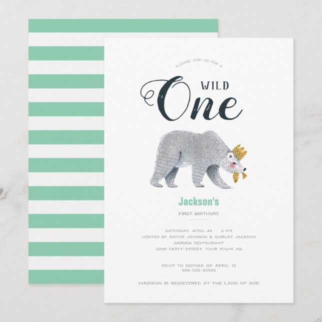 Modern Green Adventure Bear Animal First Birthday Invitation (Front/Back)