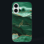 Modern Green Agate Gold Glitter Script Monogram iPhone 16 Case<br><div class="desc">Modern, elegant cell phone case with emerald green agate and marble and faux gold glitter accents personalized with chic handwritten script monogram initials and name. ASSISTANCE: For help with design modification or personalization, colour change, resizing or transferring the design to another product, contact the designer BEFORE ORDERING via the Zazzle...</div>