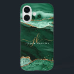 Modern Green Agate Gold Glitter Script Monogram iPhone 16 Case<br><div class="desc">Modern, elegant cell phone case with emerald green agate and marble and faux gold glitter accents personalized with chic handwritten script monogram initials and name. ASSISTANCE: For help with design modification or personalization, colour change, resizing or transferring the design to another product, contact the designer BEFORE ORDERING via the Zazzle...</div>