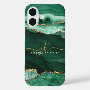 Modern Green Agate Gold Glitter Script Monogram iPhone 16 Case