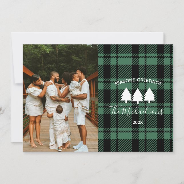 Modern Green and Black Plaid Photo Holiday Card (Front)