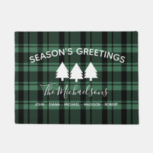 Modern Green and Black Plaid with Monogram Name  Doormat