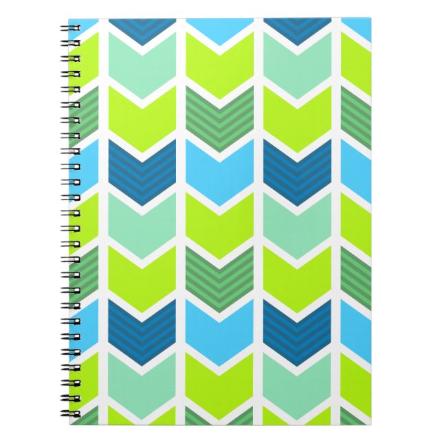 Modern Green and Blue Geometric Chevron Pattern Notebook (Front)