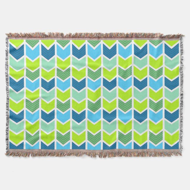 Modern Green and Blue Geometric Chevron Pattern Throw Blanket (Front)