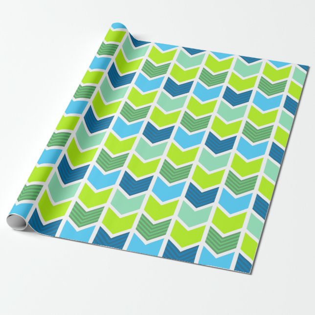 Modern Green and Blue Geometric Chevron Pattern Wrapping Paper (Unrolled)