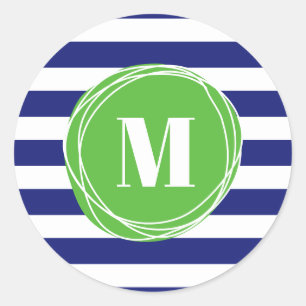 Modern Green And Blue Stripes Monogram Classic Round Sticker