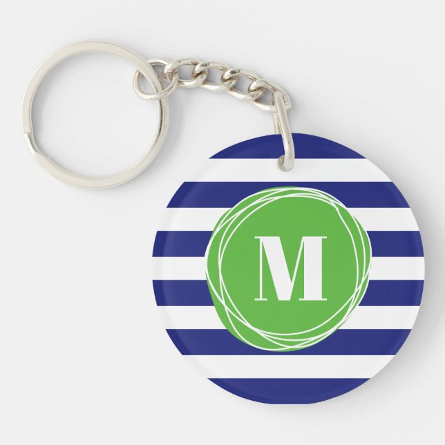 Modern Green And Blue Stripes Monogram Keychain (Front)
