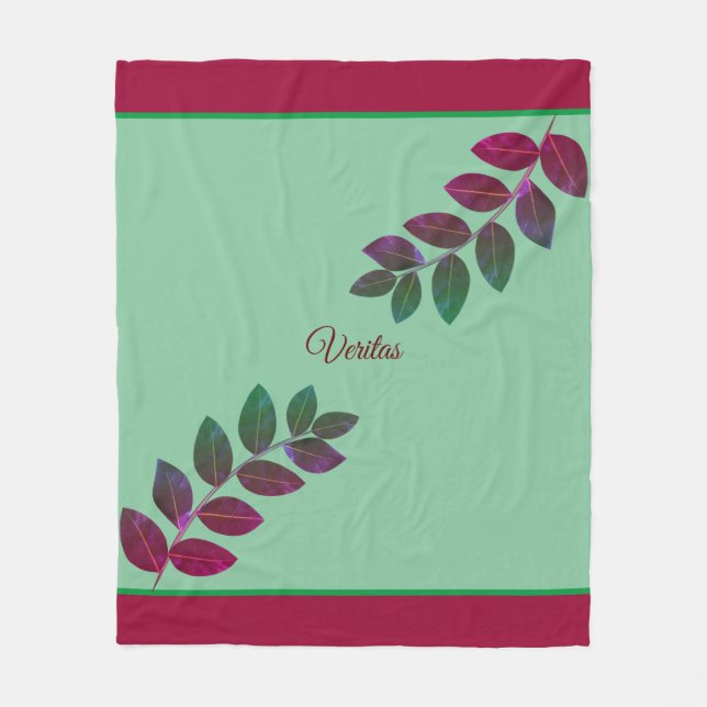 Modern Green and Burgundy Plant Leaves Fleece Blanket (Front)