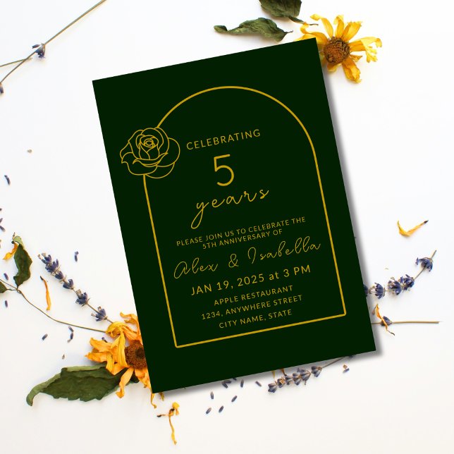 Modern green and Gold 5th Wedding Anniversary Invitation (Modern, elegant, minimalist green and gold custom 5th year wood wedding anniversary invitation.png)