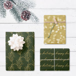 Modern Green and Gold Calligraphy Christmas Wrapping Paper Sheet<br><div class="desc">Custom-designed wrapping paper sheets featuring "Happy Holidays" modern gold hand calligraphy with gold bokeh and foliage design.</div>