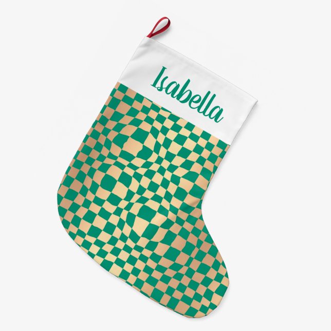 Modern Green and Gold Chequered Pattern Large Christmas Stocking (Front (Hanging))