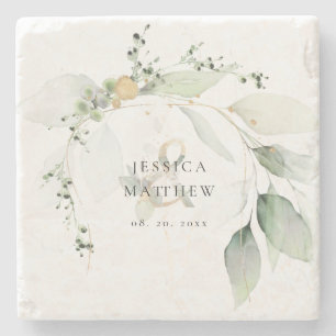 Modern Green and Gold Eucalyptus Stone Coaster