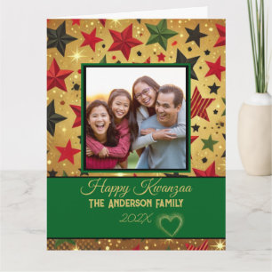 Modern Green and Gold Patten Family Photo Kwanzaa Card