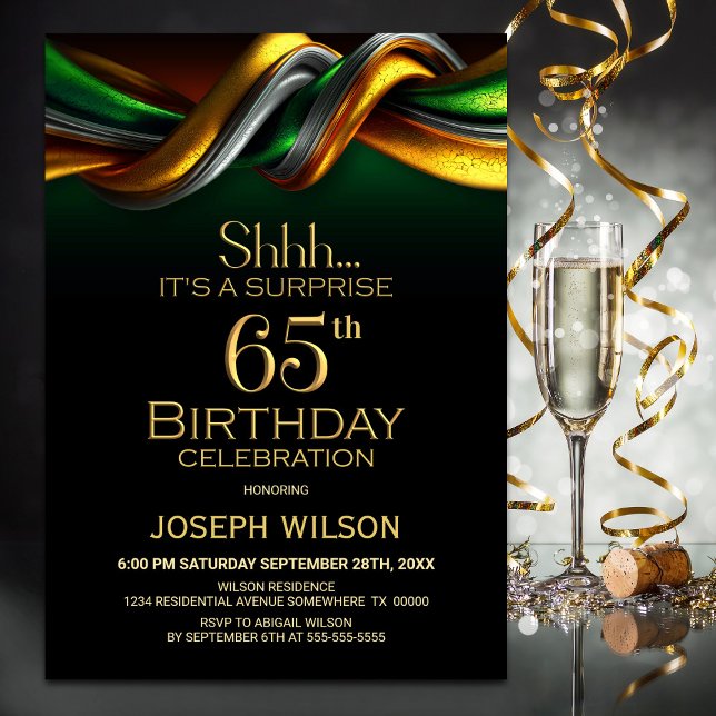 Modern Green and Gold Surprise 65th Birthday Party Invitation (Creator Uploaded)