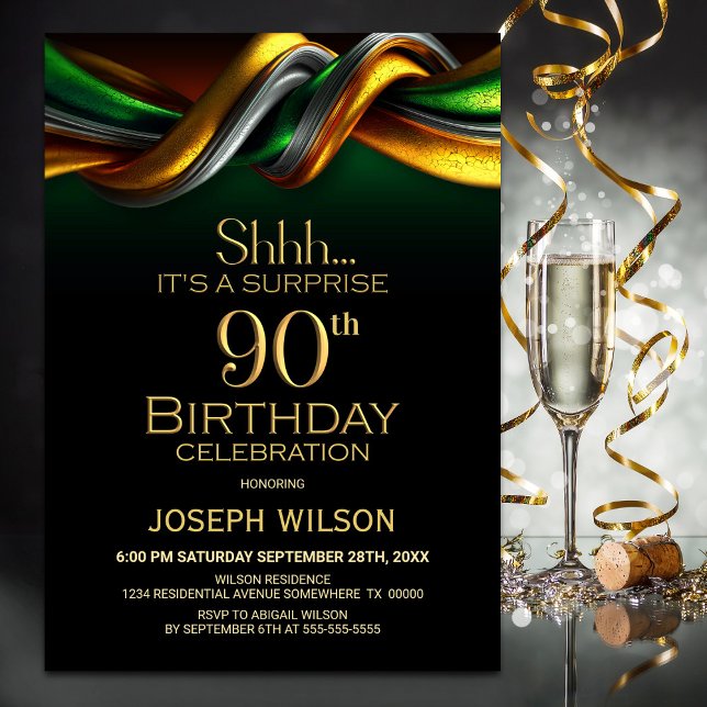 Modern Green and Gold Surprise 90th Birthday Party Invitation (Creator Uploaded)