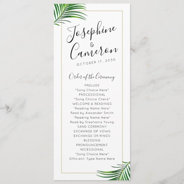 Modern Green and Gold Tropical Palm Leaf Border Program (Front)