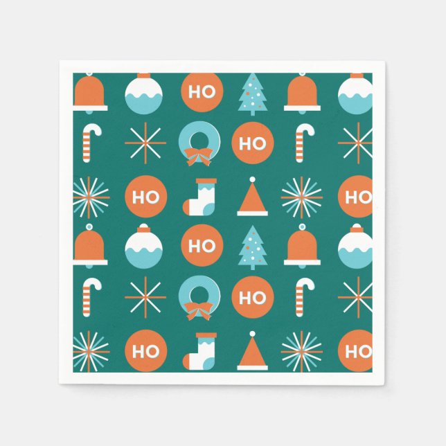 Modern Green and Orange Christmas Symbols Pattern  Napkin (Front)