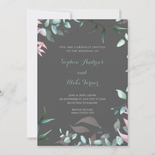 Modern Green and Pink Garden Leaves Wedding  Invitation (Front)