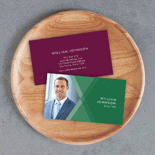 Modern Green and Purple Layered Geometric Photo Business Card
