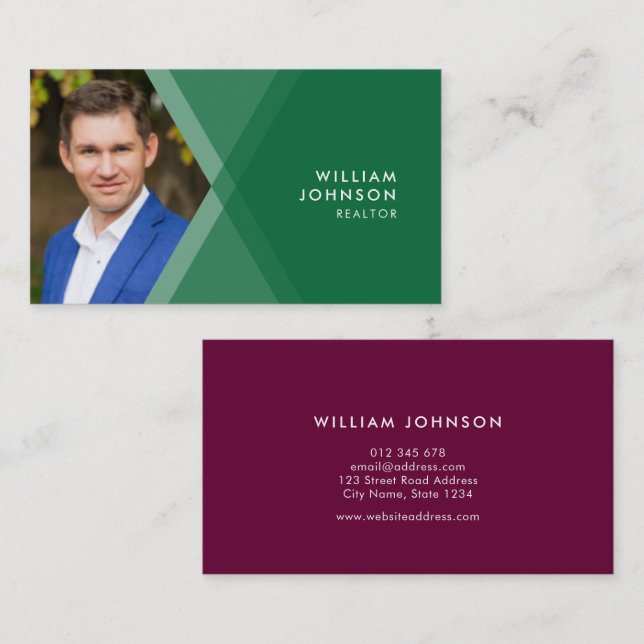 Modern Green and Purple Layered Geometric Photo Business Card (Front/Back)