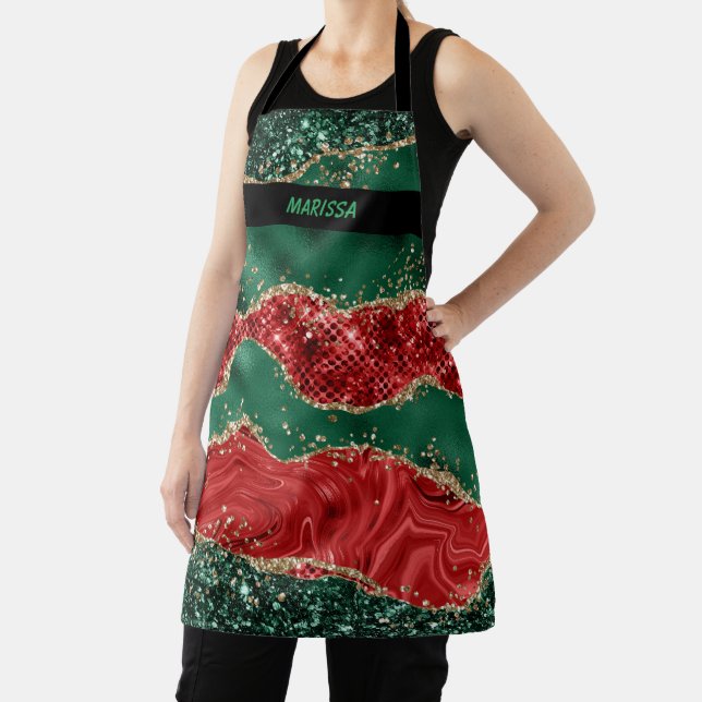 Modern Green and Red Glitter Christmas Name  Apron (Insitu)