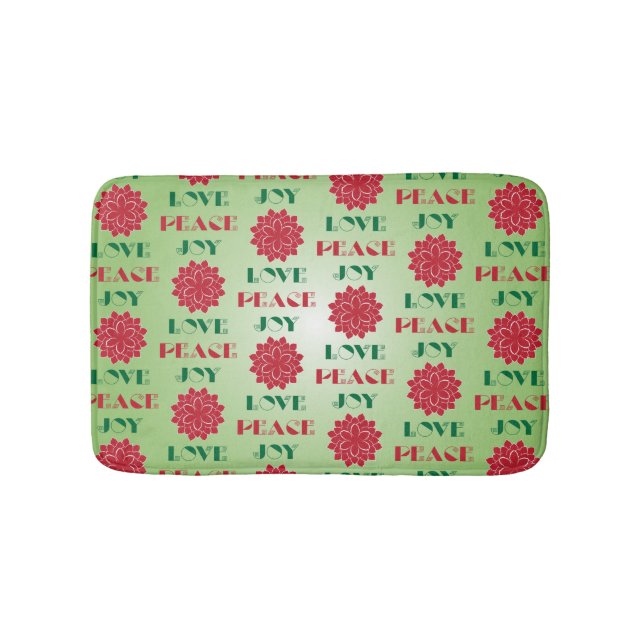 Modern Green and Red Love, Peace, Joy quote Bath Mat (Front)