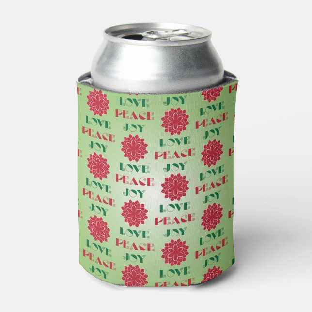 Modern Green and Red Love, Peace, Joy quote Can Cooler (Can Front)