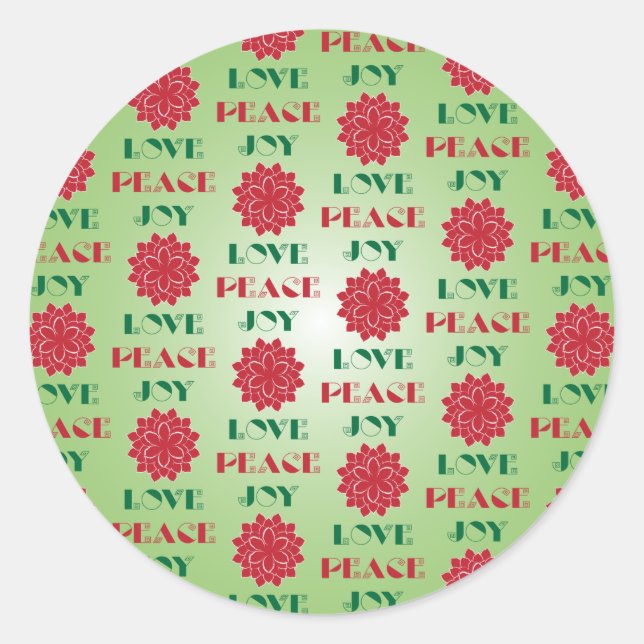 Modern Green and Red Love, Peace, Joy quote Classic Round Sticker (Front)