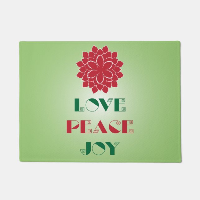 Modern Green and Red Love, Peace, Joy quote Doormat (Front)