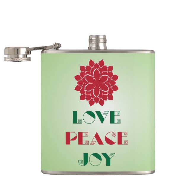 Modern Green and Red Love, Peace, Joy quote Hip Flask (Opened)