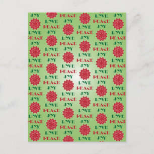 Modern Green and Red Love, Peace, Joy quote Holiday Postcard