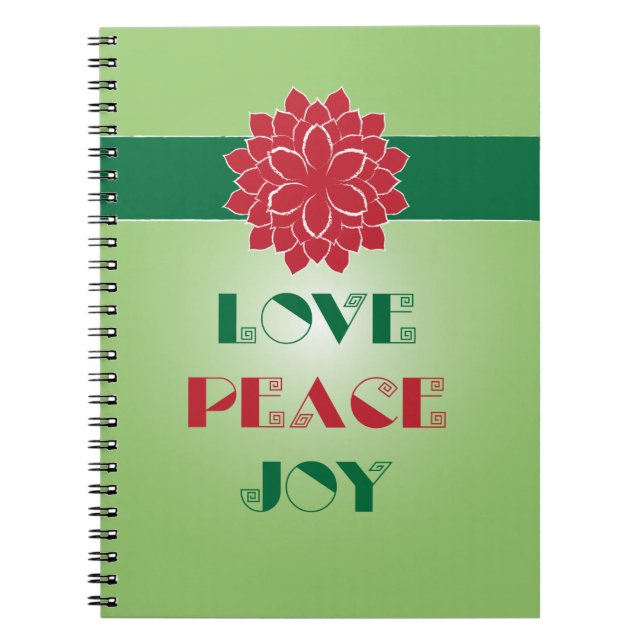 Modern Green and Red Love, Peace, Joy quote Notebook (Front)