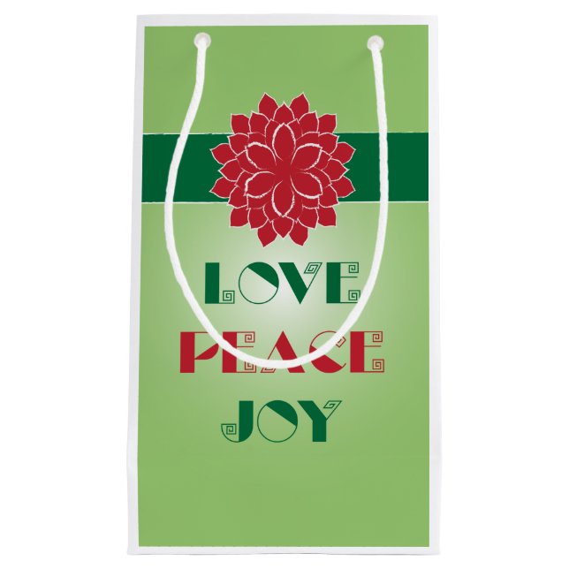 Modern Green and Red Love, Peace, Joy quote Small Gift Bag (Front)