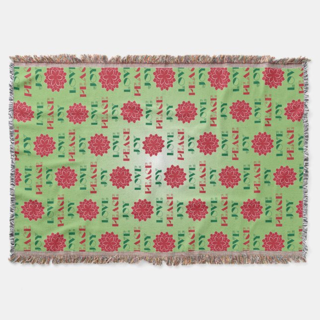 Modern Green and Red Love, Peace, Joy quote Throw Blanket (Front)