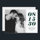 Modern Green and White Bold Date Typography Photo Save The Date<br><div class="desc">Modern Green and White Bold Date Typography Photo Save the Date | A customizable save the date flat card featuring bold typography and stripes pattern. This stylish photo save the date card is perfect for any wedding theme and any season. Personalize by adding your photo and wedding details. You can...</div>