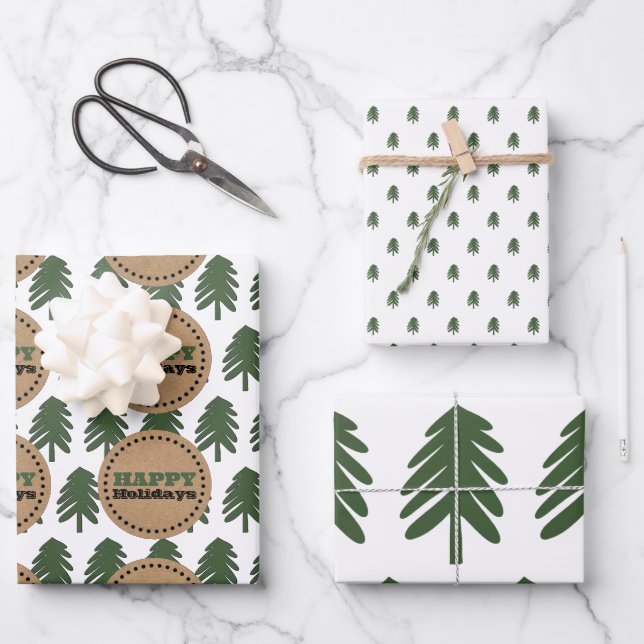 Modern Green and White Christmas Tree Wrapping Paper Sheet (Front)