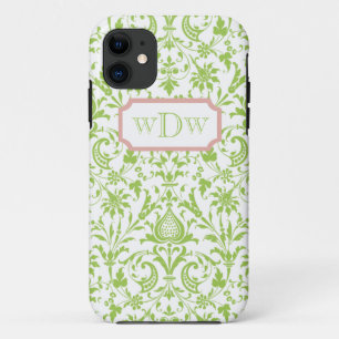 Modern Green and White Damask and Dusty Pink Frame iPhone 11 Case