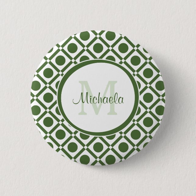 Modern Green and White Geometric Monogrammed Name 2 Inch Round Button (Front)