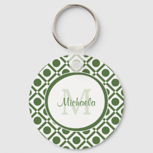 Modern Green and White Geometric Monogrammed Name Keychain
